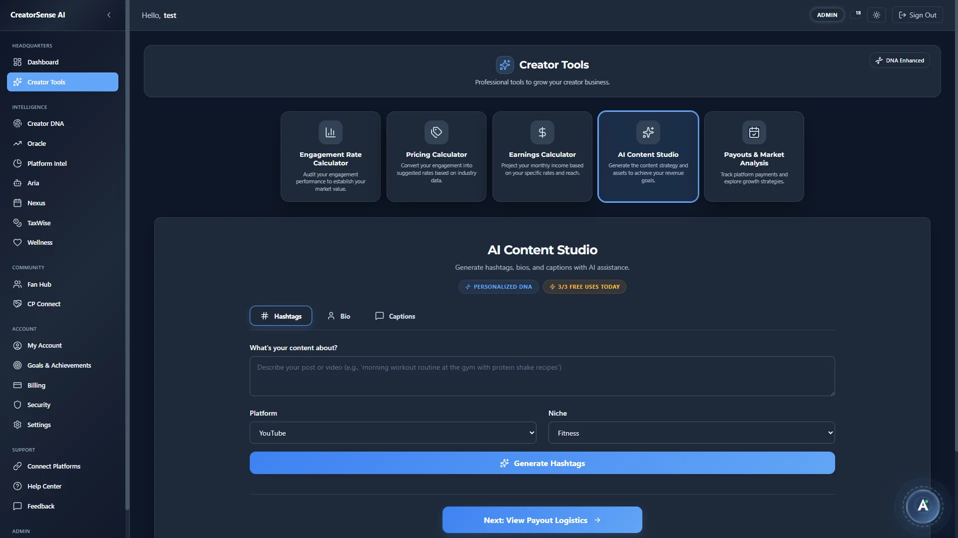 AI Content Studio Interface Dark