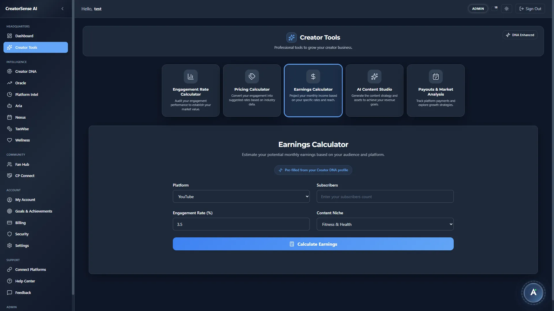 Earnings Calculator Interface Dark