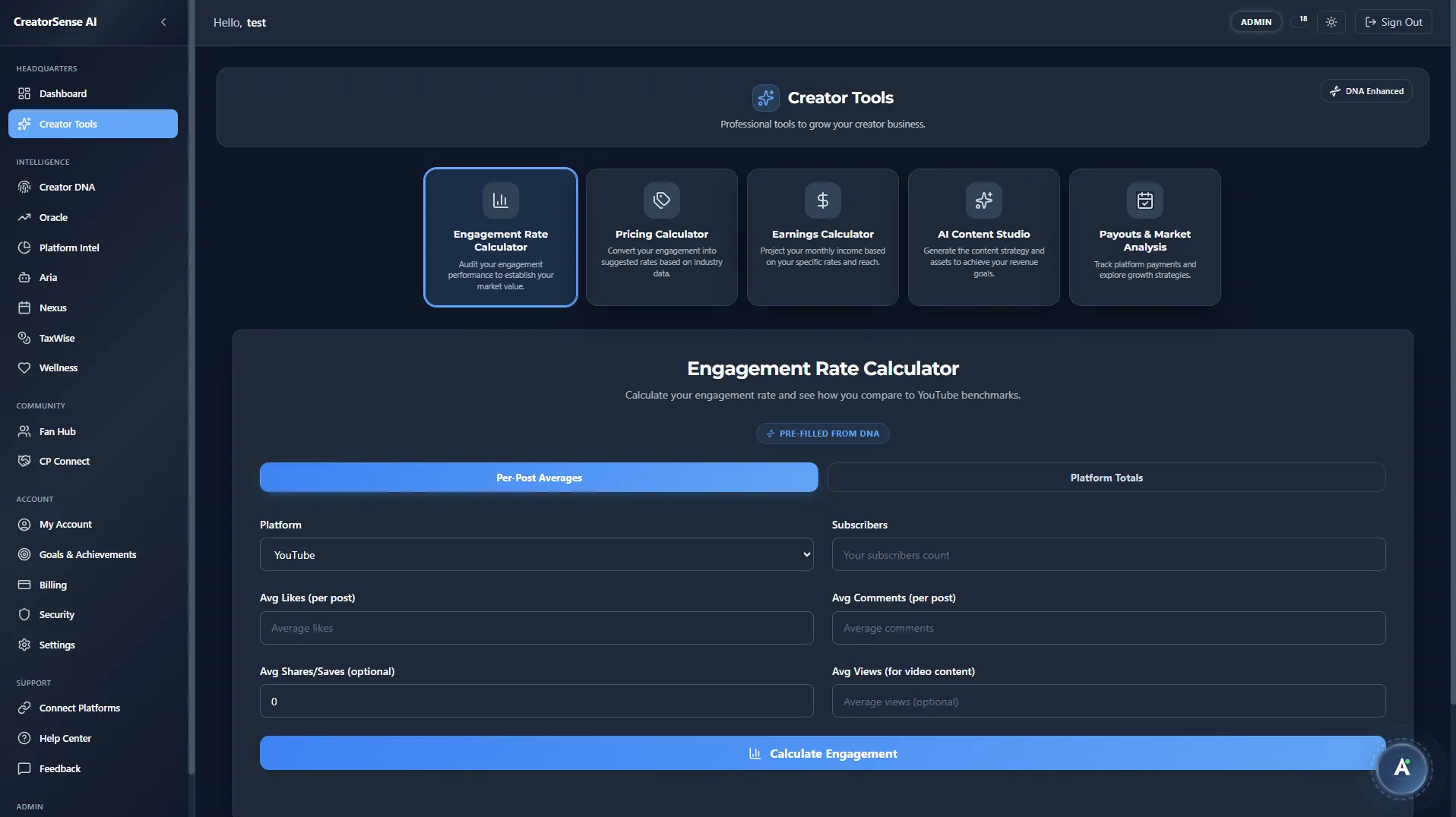 Engagement Rate Calculator Interface Dark