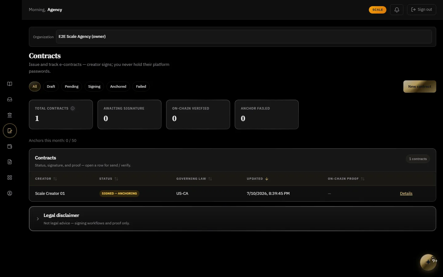 Agency Contracts desk — signed e-contracts list with on-chain proof status