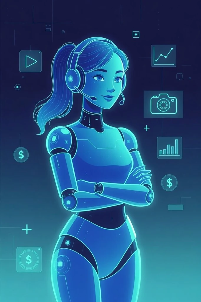 ARIA with arms crossed, projecting reliability beside data and currency icons