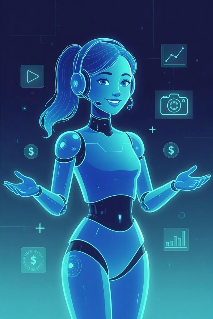 ARIA with open hands in a welcoming gesture surrounded by media and analytics icons