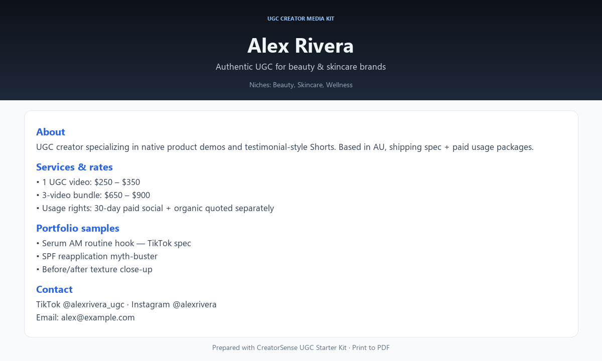 Preview of an exported UGC creator media kit with about section, rates, portfolio and contact