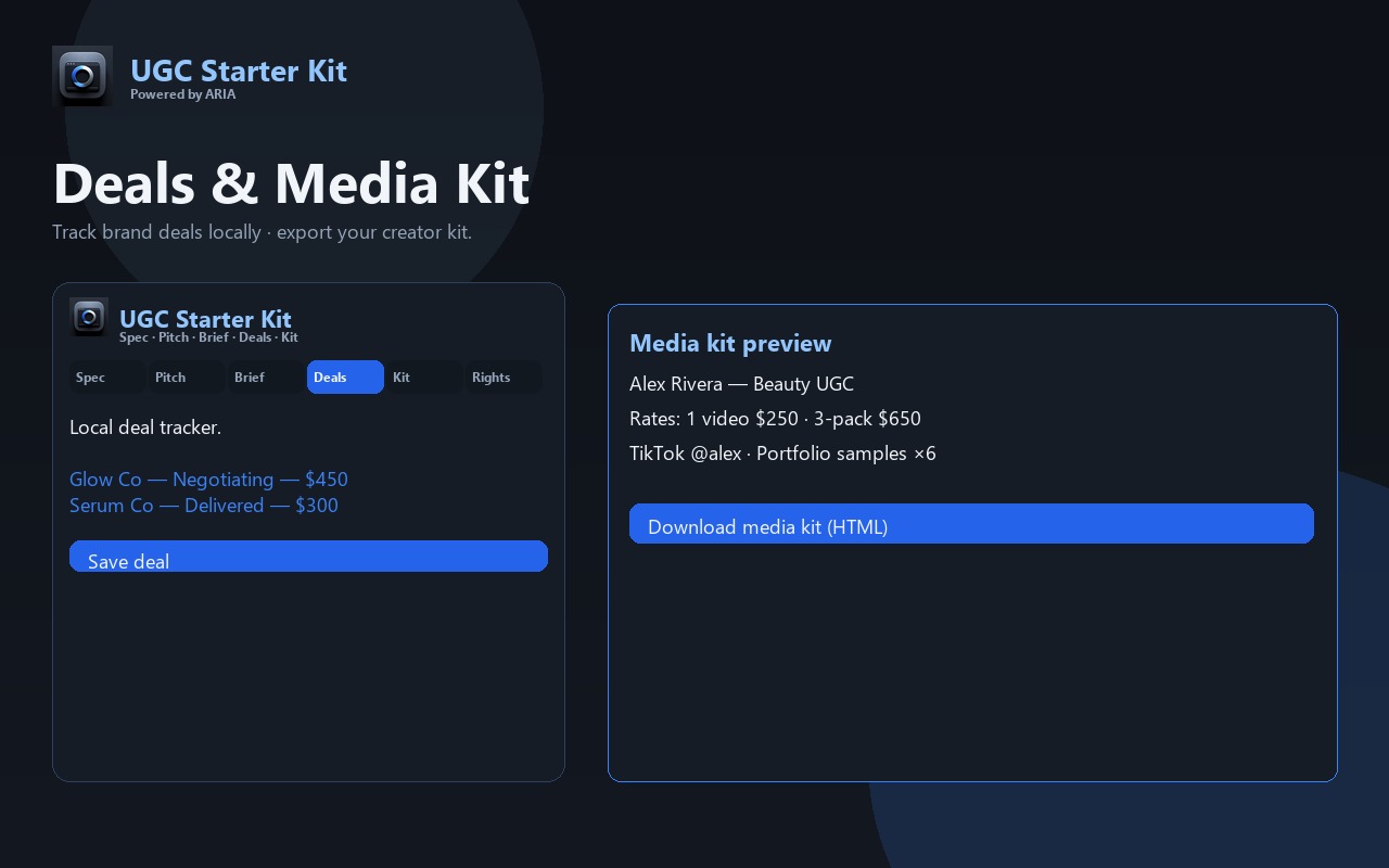 CreatorSense UGC Starter Kit Chrome extension showing the Kit tab with media kit editor and download button