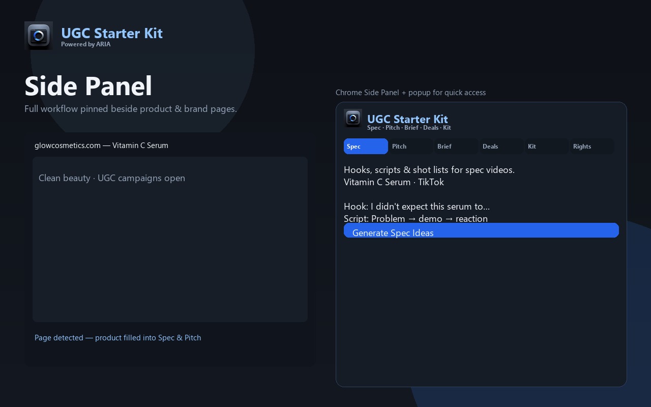 UGC Starter Kit side panel open beside a brand page in Chrome